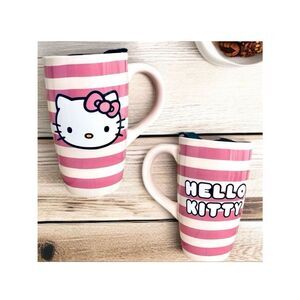 NWT Gorgeous Hello Kitty Pink Striped Glossy Ceramic Tall Travel Mug with lid